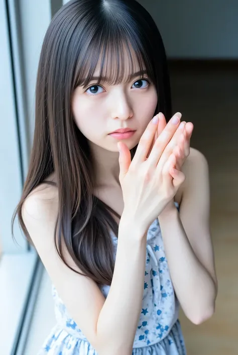 realistic, Ultra-fine, top quality ,8k,RAW photo, Front Map 、 I observe the audience closely , staring intently at the camera 、 A middle-aged man is hugging I from behind and firmly pressing his chest.、 sharp concentration , she' topless., nudes...