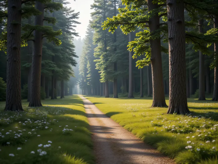  (masterpiece), best quality,  realistic, highly detailed, shallow depth of field, sharp focus, hyperrealism, cinematic lighting, photorealistic style, 8k solution, show a winding forest path , with tall trees along the path, and forest floor covered with ...