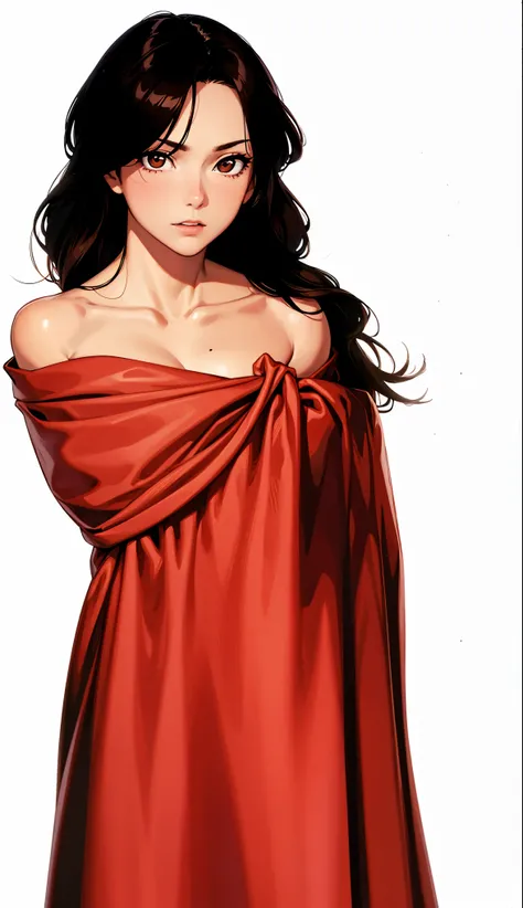 masterpiece, best quality, highres, absurdres, 4k resolution, official art, female, 1girl, sharp eyes, expressive eyes, brown eyes, fair skin, collarbone, bare shoulders, bare hands, red blanket, brown hair, long hair, fair skin, white background, plain ba...