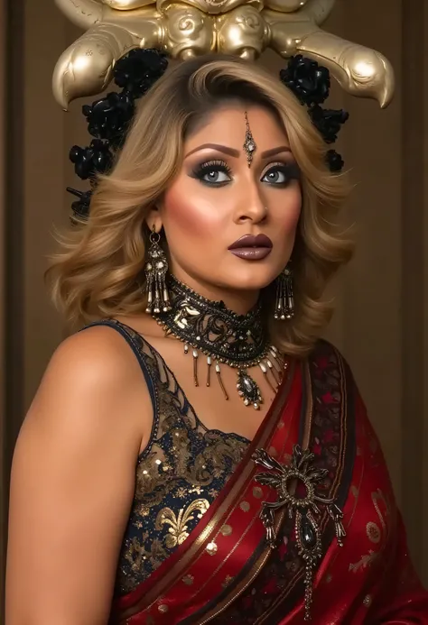 high quality full body Closeup shot, slim arms, milf, demoness mommy, sexy sleeveless blouse, sensual demoness, queen of the dark world, mother of demons, heavy breasts Indian aunty, attractive figure, huge massive breast, cougar lady witch, horny Gothic m...