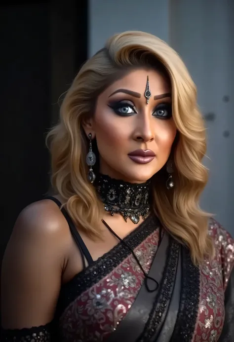 high quality full body Closeup shot, slim arms, milf, full body tattoos, demoness mommy, sexy sleeveless blouse, sensual demoness, queen of the dark world, mother of demons, heavy breasts Indian aunty, attractive figure, huge massive breast, cougar lady wi...