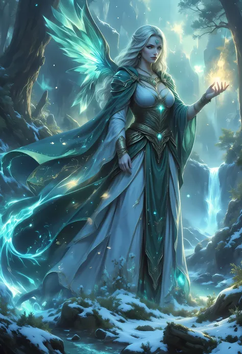 Fantasy Poster, best quality, 16k,  druid warden, casting a spell in a snowy fantasy forest, human female druid, full body , exquisite beautiful woman druid , ultra detailed face , long hair, wavy hair  busty, dynamic eyes color, fair skin, wearing blue cl...