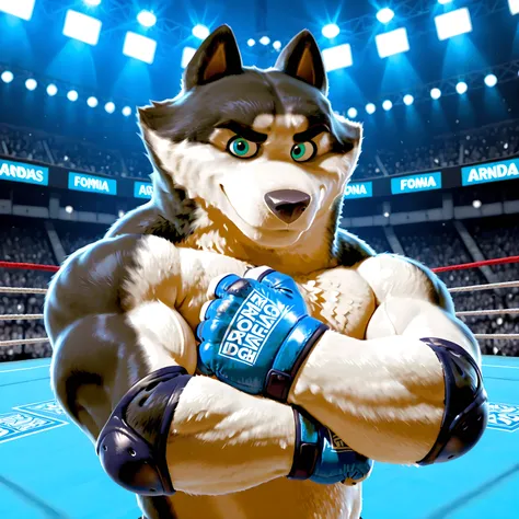 Duke (Arctic Dogs), anthro dog, black fur, white fur, male, blue eyes, high quality, half body, solo, fighting arena background, (blurry background), thick arms, muscular, shirtless, MMA gloves with knuckle pads, fingerless gloves, blue elbow pads, champi...