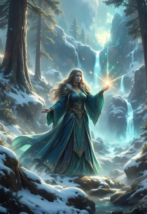 Fantasy Poster, best quality, 16k,  druid warden, casting a spell in a snowy fantasy forest, human female druid, full body , exquisite beautiful woman druid , ultra detailed face , long hair, wavy hair  busty, dynamic eyes color, fair skin, wearing blue cl...