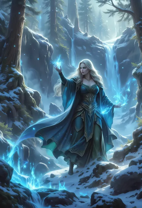 Fantasy Poster, best quality, 16k,  druid warden, casting a spell in a snowy fantasy forest, human female druid, full body , exquisite beautiful woman druid , ultra detailed face , long hair, wavy hair  busty, dynamic eyes color, fair skin, wearing blue cl...