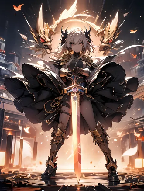 A full-body, beautiful and powerful female warrior, inspired by the legendary 'Buster Blader, the Dragon Destroyer Swordsman' from Yu-Gi-Oh!. She has long, flowing silver hair with golden highlights, glowing crimson eyes full of determination. Her elegant ...