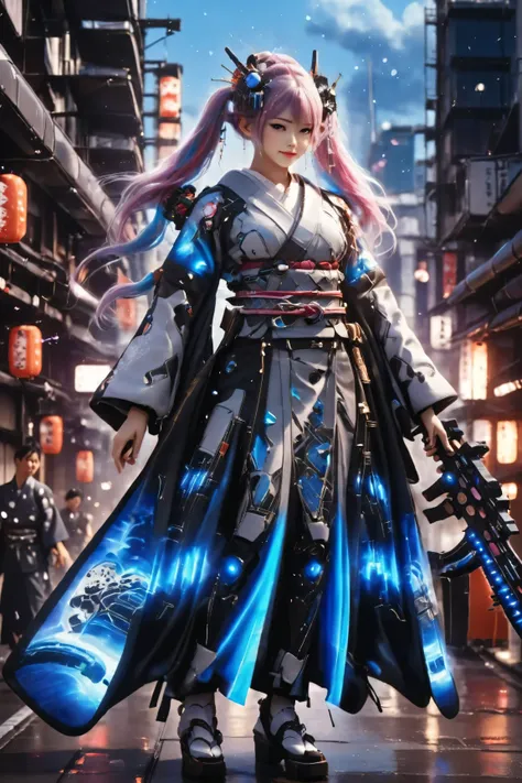 A young, innocent-looking Japanese girl wearing a traditional kimono, standing in a futuristic cyberpunk cityscape. Her kimono is elegantly detailed with intricate patterns, blending traditional aesthetics with high-tech elements such as neon-embedded fabr...