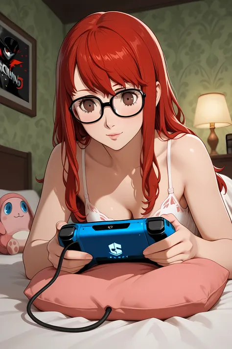 wallpaper 4k, futaba sakura from persona 5, bed playing videogames,
