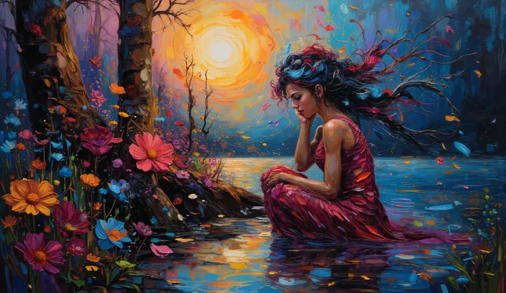 Fantasy-style painting of a young girl sitting in an enchanted forest at twilight. Her hair, shimmering in vibrant red and blue , flows, entwined with intricate zentangle flowers and swirling cranberries. The scene is bathed in soft moonlight with drift...