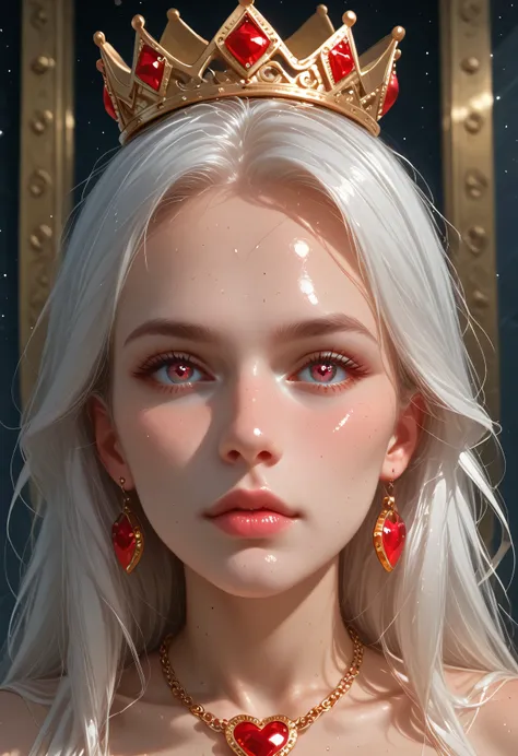 queen of hearts, young nordic woman, symmetrical, royal portrait, (heart:1.1), crown, heart necklace, queen's robes, royal throne, ruby jewels, long white hair, looking at camera, red, white, RAW candid cinema, 16mm, color graded portra 400 film, remarkabl...