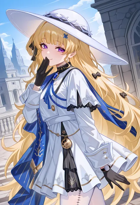 high definition, Best Quality, masterpiece, outdoor,
Alone, 1 girl, wwphoebe , very long hair, blonde hair, blunt bang, purple eyes, hair bows, hair accessories,
phoewvdef , phoewwdef , white headwear, white dress, capelet, button, Blue Brooch , bl...