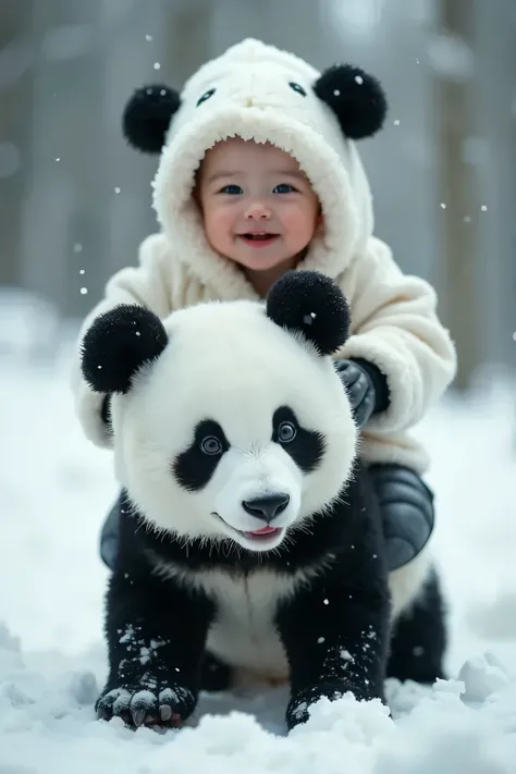 A baby sleeping with the panda and they smiling