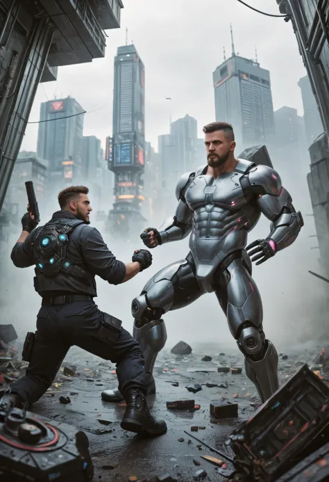 score_9, score_8_up, score_7_up, Cyberpunk Gunfight, muscular man,armour,  bearded man, Gunfight human against robot, man vs robot