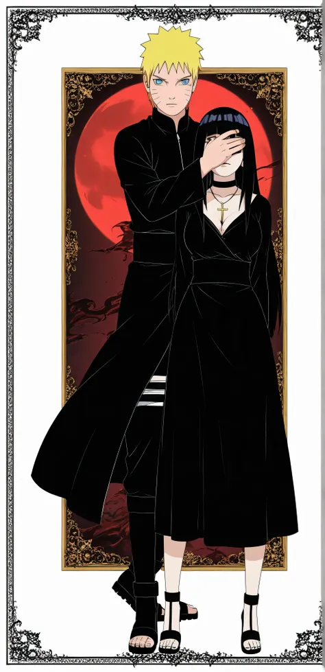 1boy, 1girl, naruto_uzumaki, short_spiky_blonde_hair, whisker_marks, blue_eyes,  intense_expression, black_elegant_attire, gold_chains, standing_behind_hinata, one_hand_covering_her_eyes, confident_pose, hinata_hyuga, long_black_hair, white_eyes, huge_brea...