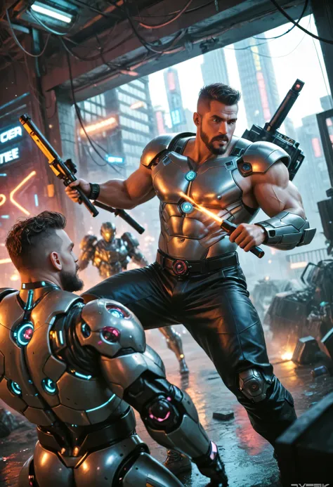 score_9, score_8_up, score_7_up, Cyberpunk Gunfight, muscular man,armour, bearded man, Gunfight human against robot, man vs robot