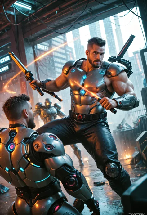 score_9, score_8_up, score_7_up, Cyberpunk Gunfight, muscular man,armour, bearded man, Gunfight human against robot, man vs robot