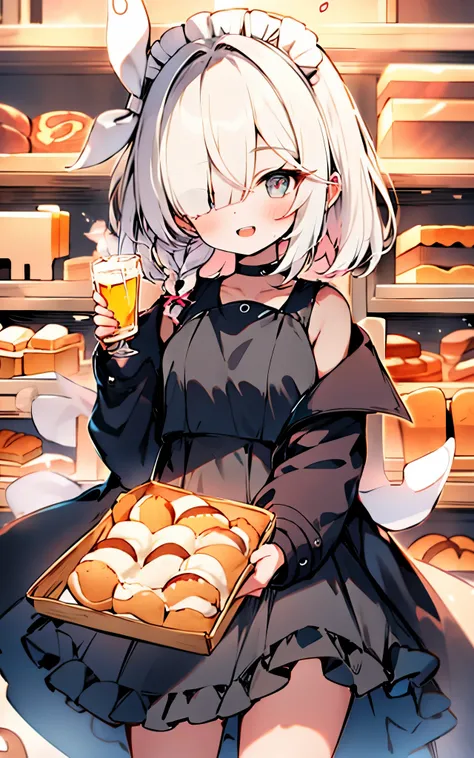 (Incredibly Absurdres Absolutely Resolution: 1 . 5) , Top Quality , Masterpiece , Ultra High Definition , 1 girl , short hair , hair buns , brown hair , green eyes , glowing eyes , smile , show teeth , maid dress , green panties , bakery shop , holding two...