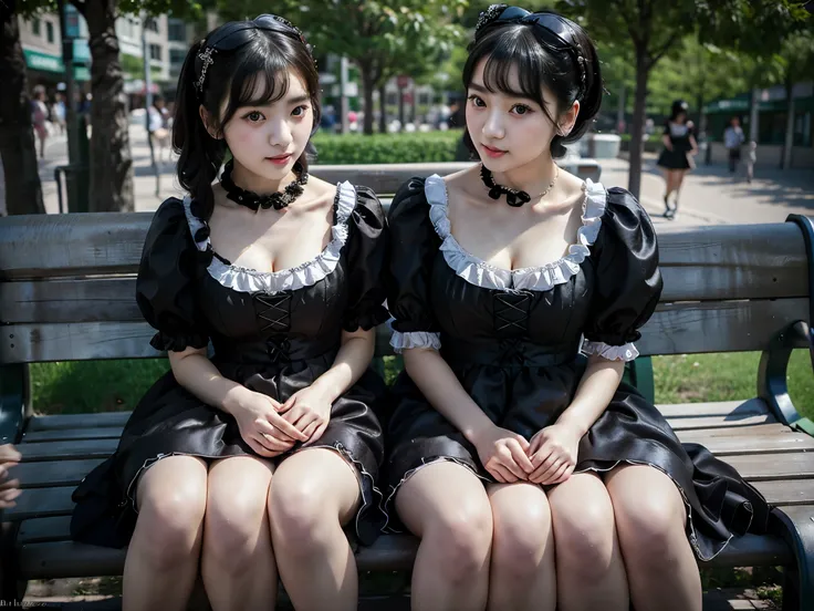 2heads, best resolution, highly detailed, closeup, two-headed girl, age 20, Korean, gentle makeup, black hair, Lolita fashion dress, having fun, sitting on a city bench,