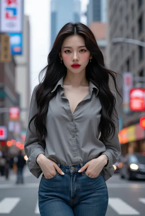 a beautiful woman, standing in the middle of the city , front facing, use an ash casual shirt, long denim pants, big , red lips, black hair