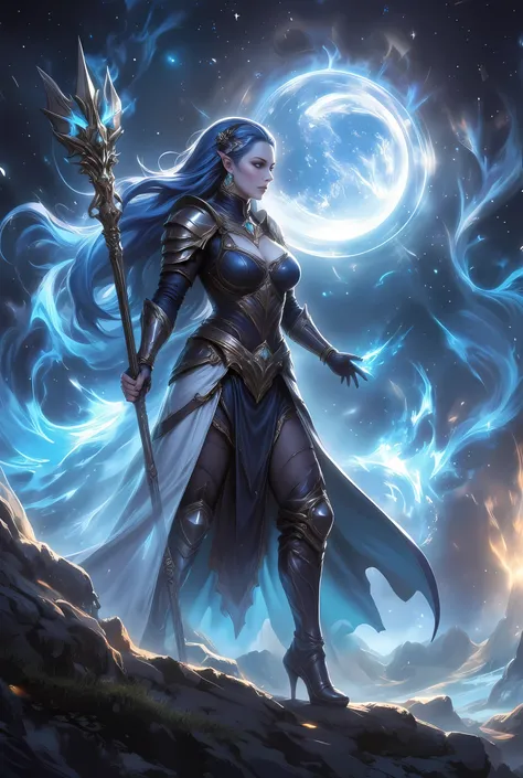 female human druid of the stars, guardian of nature, controlling magical energy made of stars, swirling blue stary magical light, divine symbols high details, dynamic angle, human female, extremally beautiful, ultra feminine, dynamic hair, dynamic hair col...