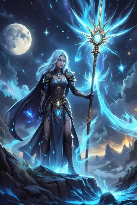 female human druid of the stars, guardian of nature, controlling magical energy made of stars, swirling blue stary magical light, divine symbols high details, dynamic angle, human female, extremally beautiful, ultra feminine, dynamic hair, dynamic hair col...