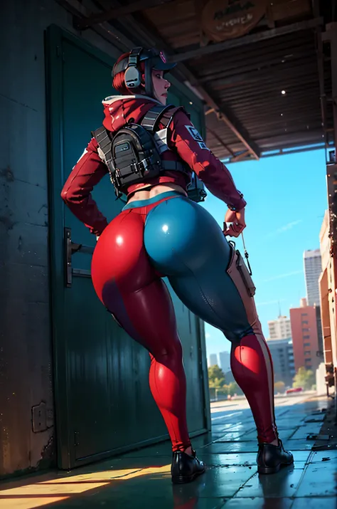 8K image has (Rainbow Six Siege), disguising, Alone,  red hair, suitcase ظهر, shoes,  has , glasses, glasses,  red pants , looks at the viewer, jacket,  hoodie blouse , suitcase,  short hair , Headphones, blue eyes , red jacket, gloves, suitcase الخصر,  ho...