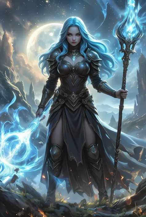 female human druid of the stars, guardian of nature, controlling magical energy made of stars, swirling blue stary magical light, divine symbols high details, dynamic angle, human female, extremally beautiful, ultra feminine, dynamic hair, dynamic hair col...