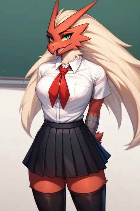 score_9, score_8_up, score_7_up, score_6_up, high quality, intricate details, high resolution, sharp focus, Expressive, solo, WhisperingVeil Style, better face, better eyes, 
1girl,  Blaziken (pokemon), pokemon generation 3, anthro, school uniform, white s...
