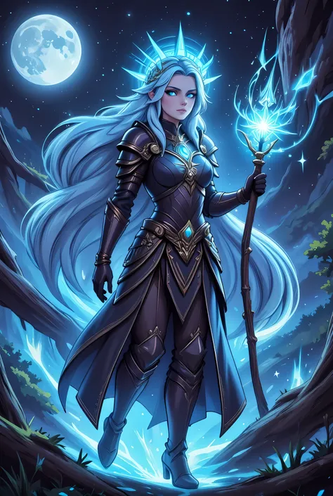 female human druid of the stars, guardian of nature, controlling magical energy made of stars, swirling blue stary magical light, divine symbols high details, dynamic angle, human female, extremally beautiful, ultra feminine, dynamic hair, dynamic hair col...