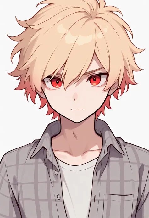 Male + blonde hair + red eyes + gray flannel shirt (unbuttoned) + white T-shirt + face shot + adult