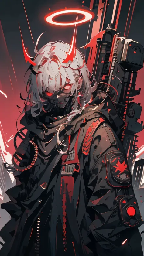 Cyberpunk, no human, Humanoid, The image depicts a dark, mechanical figure with sharp, angular features and glowing red eyes. The figure has a rugged, almost skeletal appearance, with jagged edges and protruding elements that resemble spikes or blades. It ...