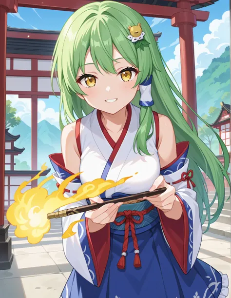 score_9, score_8_up, score_7_up, source_anime,absurdres, highres, masterpiece, best quality, amazing quality, official anime artwork, screencap, anime screencap, outdoors, looking at viewer, light smile, moriya shrine, day, kochiya sanae, 1girl, solo, gree...