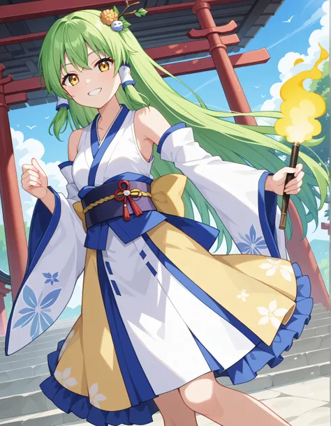 score_9, score_8_up, score_7_up, source_anime,absurdres, highres, masterpiece, best quality, amazing quality, official anime artwork, screencap, anime screencap, outdoors, looking at viewer, light smile, moriya shrine, day, kochiya sanae, 1girl, solo, gree...