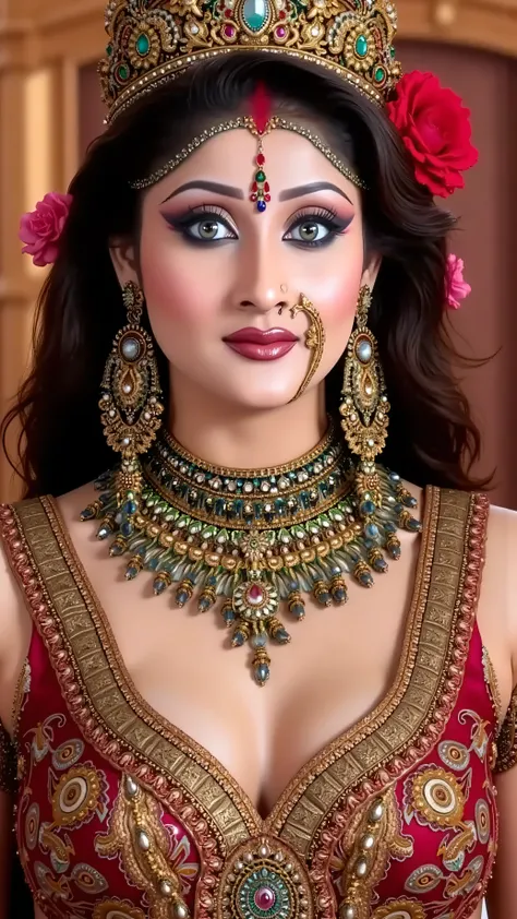 (sexy hot 🥵 devi of Indian, she has very giant with cleavage, sexy long legs, she is sitting on mahishasur thighs side, mahishasur is lying on floor)The image you sent appears to be of Hindu devi of sex love , 40 year old a Hindu goddess known for her sex...