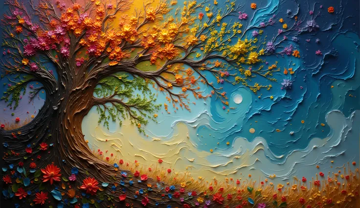 Dreamlike digital artwork of a towering tree in the Garden of Eden. Her cascading hair becomes a vibrant waterfall of golden cranberries and detailed zentangle-patterned flowers, twisting into a tornado of love and loss. The scene is lit with an iridescen...