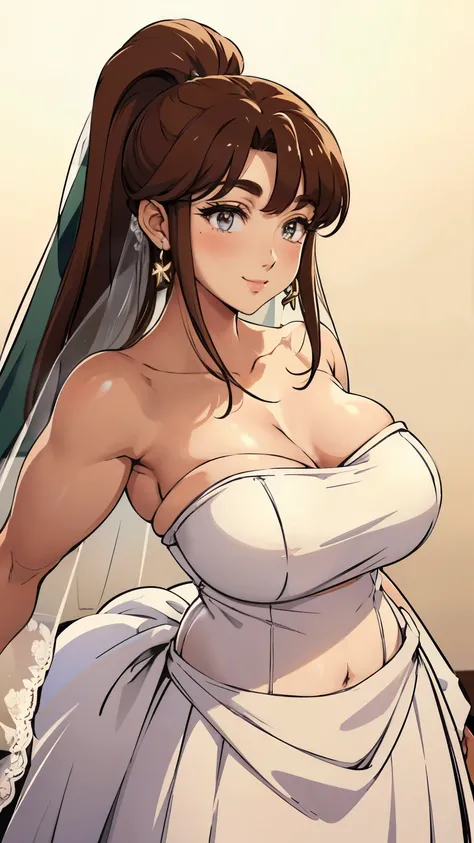 Light_brown_hair,Bangs, long ponytail_hair, Close-up of beautiful bride wearing beautiful wedding dress, (bridal veil:1.5), Transparent short veil:1.5), Blushing face, cute smile, (tube top wedding dres:1.5), (Silk dress:1.2), (Strapless wedding dress:1.5)...