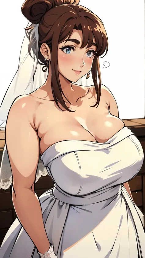 Light_brown_hair,Bangs, long ponytail_hair, Close-up of beautiful bride wearing beautiful wedding dress, (bridal veil:1.5), Transparent short veil:1.5), Blushing face, cute smile, (tube top wedding dres:1.5), (Silk dress:1.2), (Strapless wedding dress:1.5)...