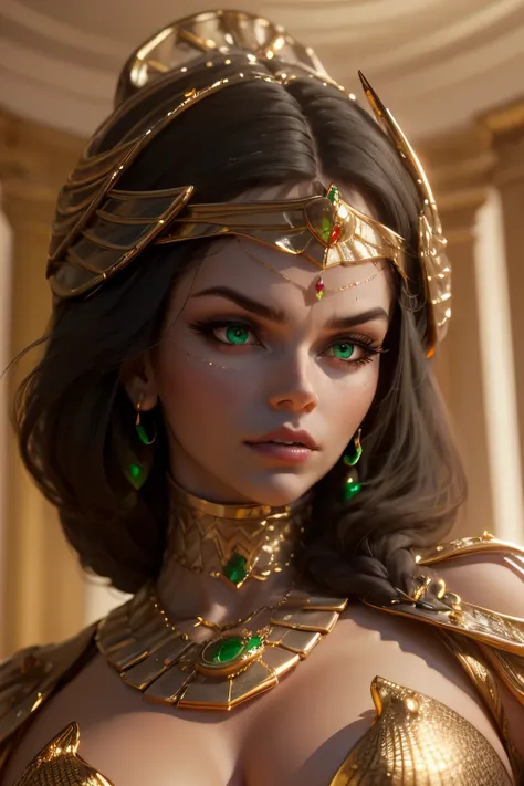 hyper realistic portrait shot of a beautiful egyptian queen, looking down proudly on the camera with her expressive green eyes, tanned skin tone , thin nose , black braided bob hair with golden accessories and jewelries , wearing a white see tough dress