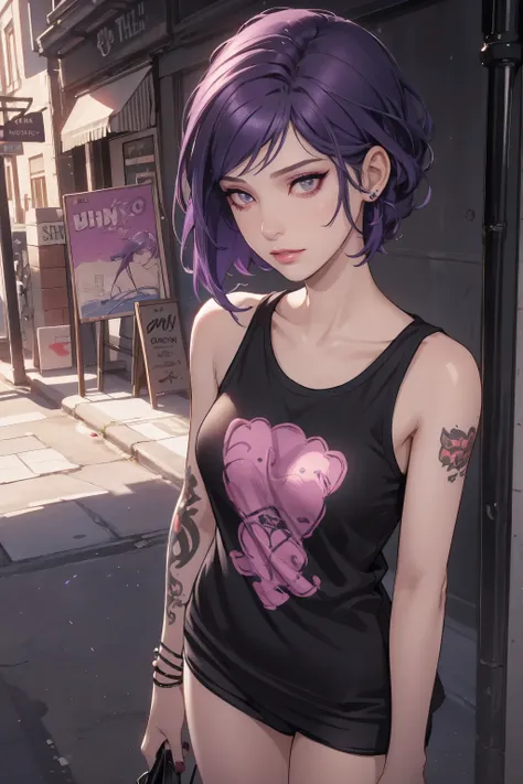 1girl,a beautiful fashion model ,(masterpiece, detailed background, best quality), short and shiny hair, dark purple hair,smirk,juicy lips,red lips, slutty street clothes, stripping, elegant makeup, exhibitionism, chloe price, alt girl, black tattoos, over...