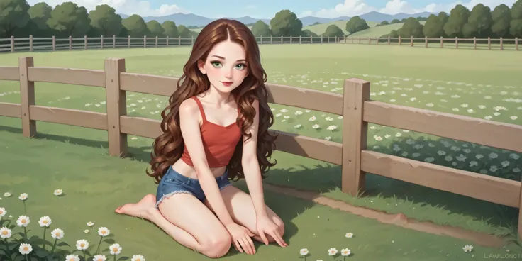 a age girl kneeling on a lawn, small breasted, brown hair, curly hair, very long hair, freckles, detailed ribs and small bare feet, red lips, eyeliner, perfect nails, perfect feet, green eyes, smile, mini shorts jeans, red tank top, Lawn with fence, pastur...