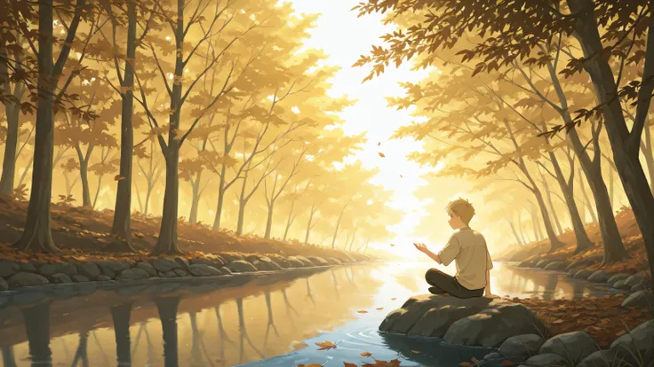 tranquil scene of Aryan sitting by a small river, his hand extended in the air, the leaves and water moving in harmony with his movement, a sign of his deep understanding of his power.