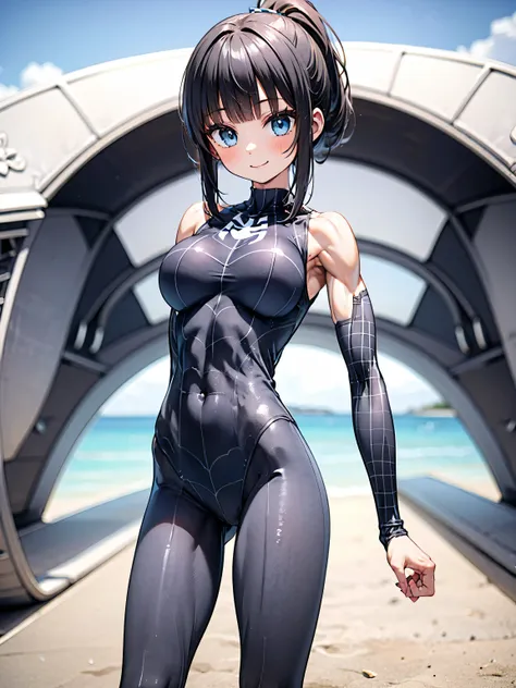 (one cute girl:1.5), (alone:1.5), (muscular:1.5), (thick thighs:1.5), (huge long ponytail hair, blunt bangs1.5), (azure hair1.1), (narrow waist:2.0), (upper body view), (perfectly round huge breasts, cleavage:1.0), (tight suit, sleeveless:1.4), detailed ey...