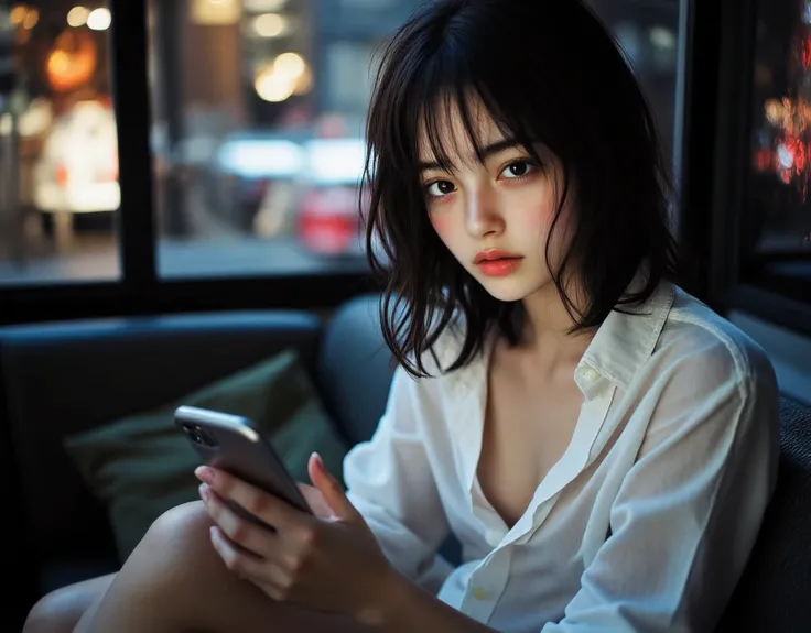 Aesthetically pleasing cinematic composition, epic perspective and lighting, detailed and life-like, Checking her phone, film photography, 1girl in, Wet white unbuttoned long shirt, No bra,  out, Rain, Wet, medium breasts⁩, Full body, drunk blush, Wavy sho...