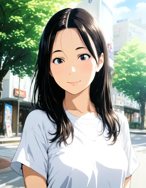 1girl, isasaka okaru, sazae-san, year 2016, upper body, Shibuya, street tree, casual clothes, masterpiece, high score, great score, absurdres, 16k, super detail