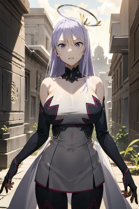 masterpiece, ((military uniform)), (()), halo, (best quality), (solo), 1girl, reona, silver hair, purple hair , , long hair, purple eyes, sexy woman, hair between eyes, hair ornament, vibrant colors , natural lighting, RTX, (huge ), (detailed face:1.2), (p...