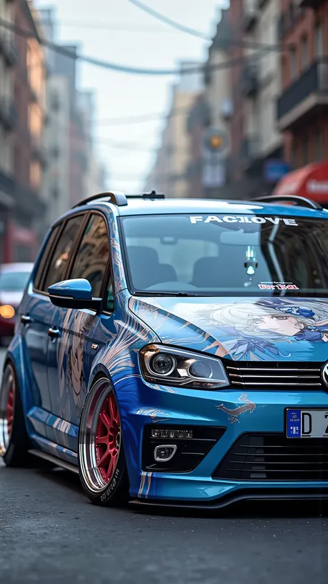 Volkswagen Touran L modification，wide body and negative wheel base wheels, painting an anime woman，Furina_Genshin