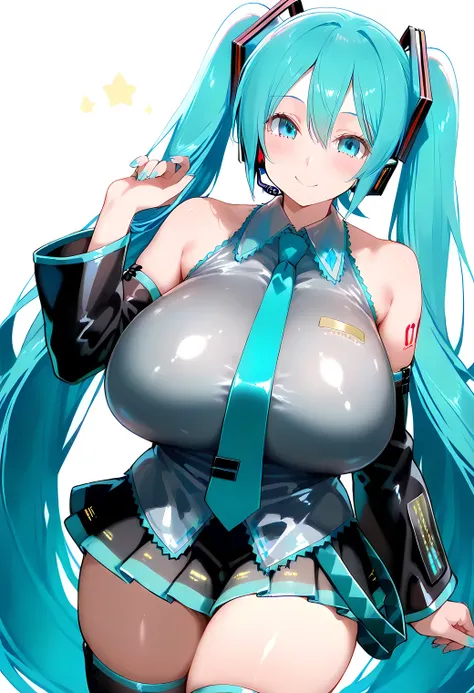 long hair, twin tails, very long hair, blue hair, blue eyes, smile, hair ornament, Hatsune Miku, aqua hair, skirt, detached sleeves, necktie, aqua eyes, (huge breasts), knee shot