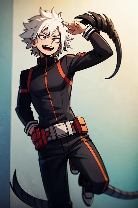Image of hero clothing from My Hero Academia inspired by a basilisk. The hero has half black and half white hair