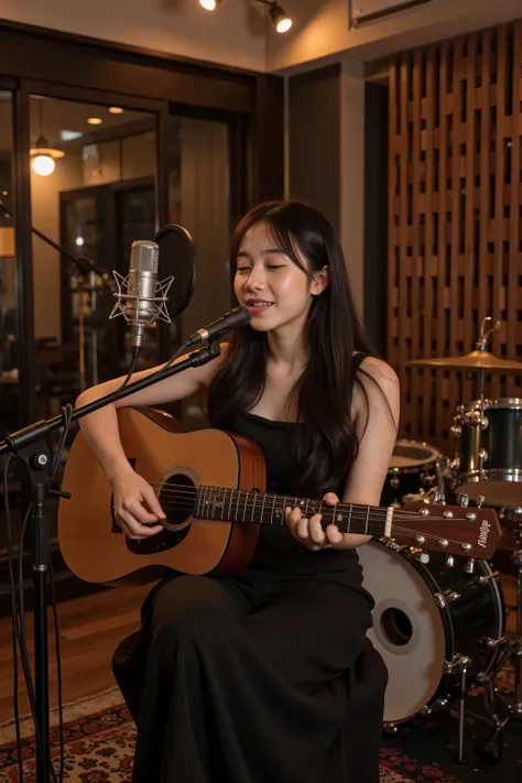 Japanese young pretty girl playing guitar and singing into microphone in recording studio, an album cover inspired by yui ,realism, the girl plays the guitar, full body