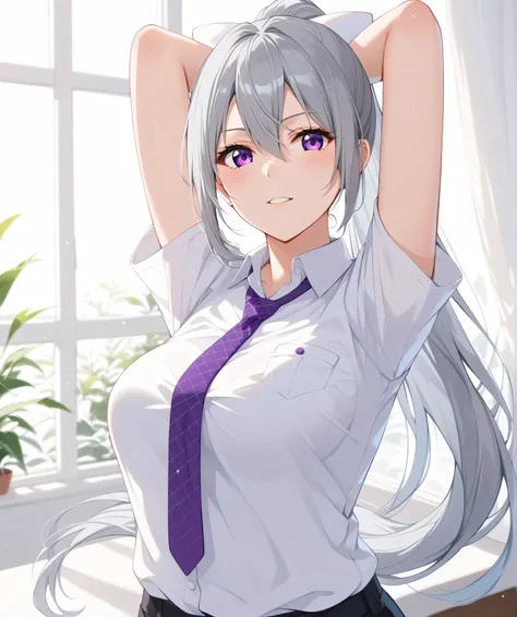 1woman,best quality,ultra-detailed,high resolution,extremely detailed CG,unity 8k wallpaper,score_9, score_8_up, score_7_up, source_anime,hk1, purple eyes, grey hair, hair between eyes, long hair, ponytail, bow, white bow、 shirt, white shirt, necktie, purp...